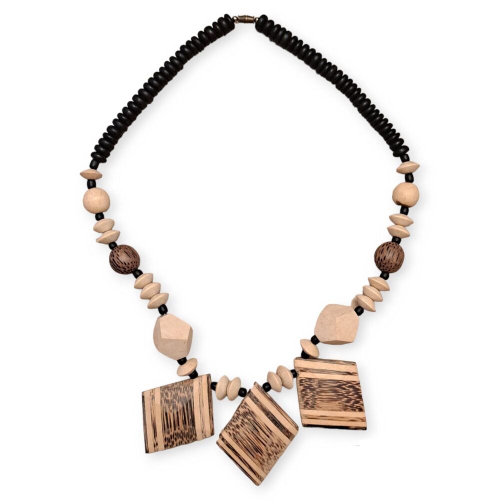 Vintage Wood Beads African Necklace Coconut Shell Carved Shaped